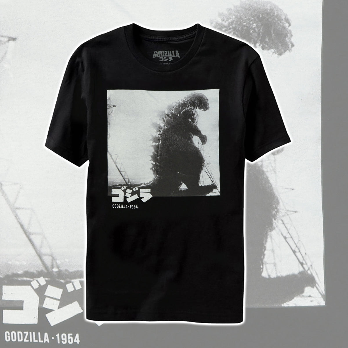 Godzilla T-Shirt Men's Black and White Photo 1954 Design Short Sleeve Tee