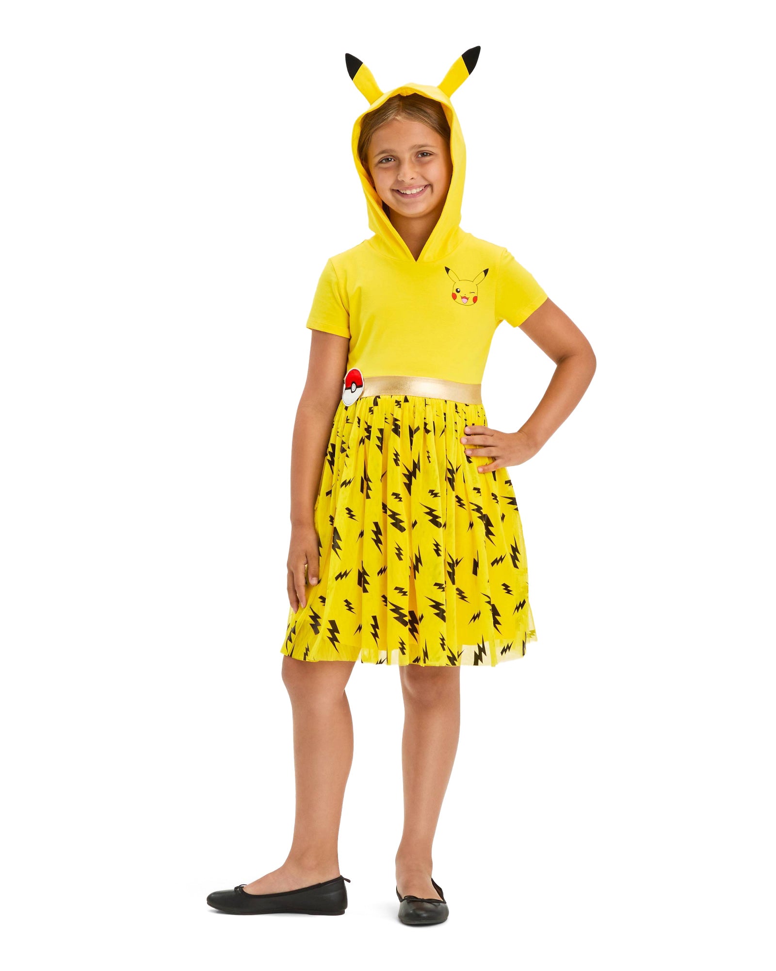 Pokemon Pikachu Girl's Hooded 3D Ears Short Sleeve Tulle Dress