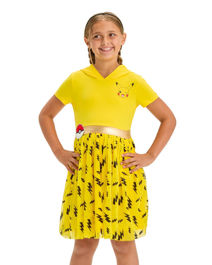 Pokemon Pikachu Girl's Hooded 3D Ears Short Sleeve Tulle Dress