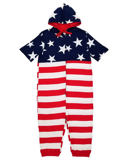 American Flag Men's USA Romper Zip Up Hooded Short Sleeve Jumpsuit