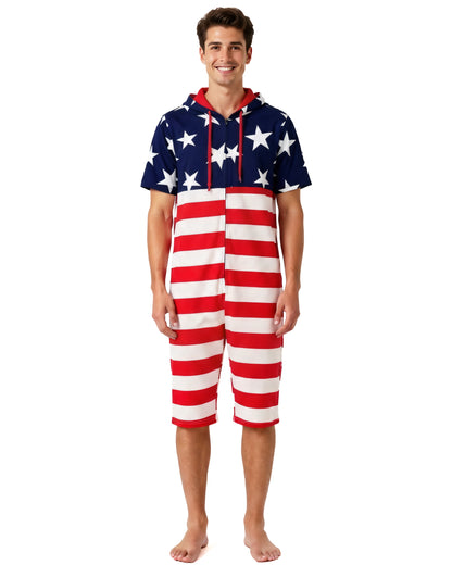 American Flag Men's USA Romper Zip Up Hooded Short Sleeve Jumpsuit