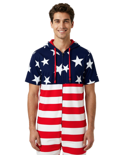 American Flag Men's USA Romper Zip Up Hooded Short Sleeve Jumpsuit