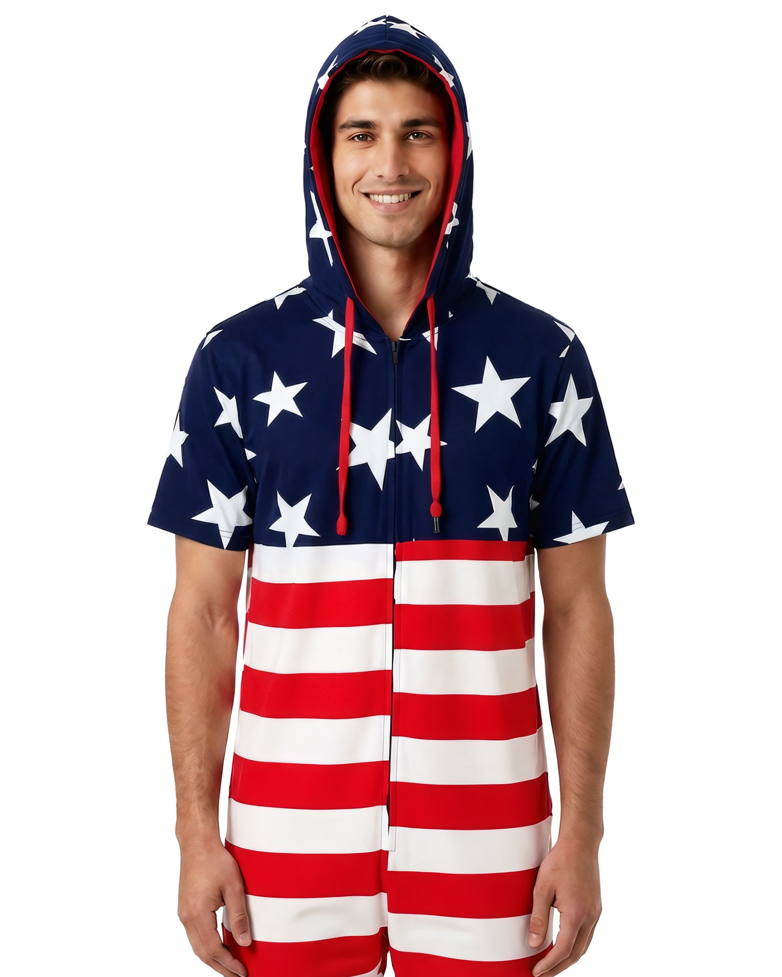 American Flag Men's USA Romper Zip Up Hooded Short Sleeve Jumpsuit