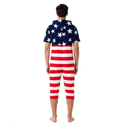 American Flag Men's USA Romper Zip Up Hooded Short Sleeve Jumpsuit