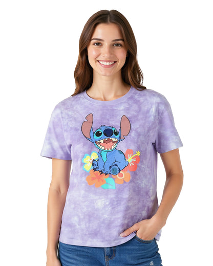 Disney Stitch T-Shirt Women's Tropical Print Tie-Dye Graphic Tee