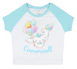 Sanrio Womens Cinnamoroll Balloons Front back Print Juniors Baby Crop T-Shirt