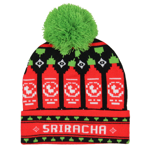 Sriracha Hot Chili Sauce Holiday Sriracha Bottles Rib Knit Pom Pom Cuffed Beanie