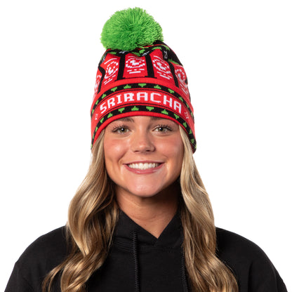 Sriracha Hot Chili Sauce Holiday Sriracha Bottles Rib Knit Pom Pom Cuffed Beanie