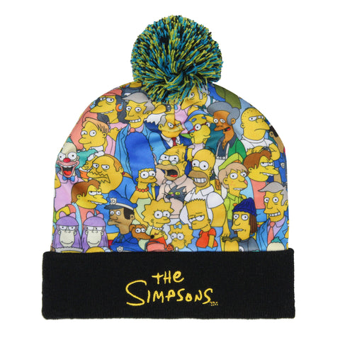 The Simpsons Character Collage Embroidered Logo Fold Cuff Pom Top Knit Beanie