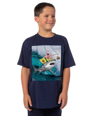 SpongeBob Shirt Boys Patrick Fishing On Shark Short Sleeve Graphic Tee