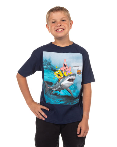 SpongeBob Shirt Boys Patrick Fishing On Shark Short Sleeve Graphic Tee