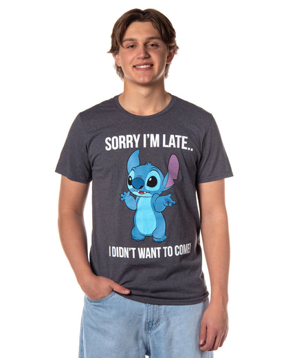 Lilo & Stitch Mens' Sorry I'm Late Graphic Print Adult Short Sleeve T-Shirt