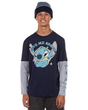Disney Stitch Men's Faux Long Sleeve Shirt And Beanie Give Me Space