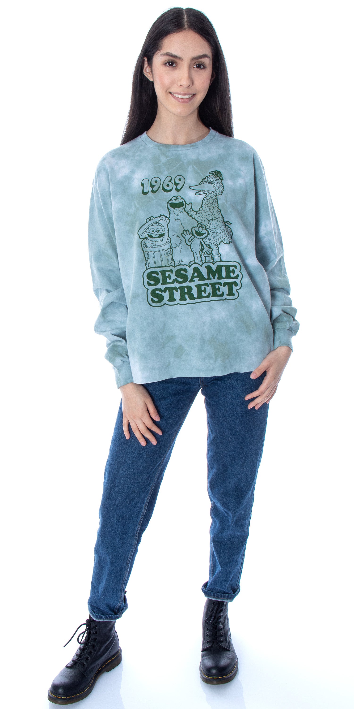 Sesame Street Women's 1969 Character Group Tie-Dye Raw Edge Skimmer T-Shirt