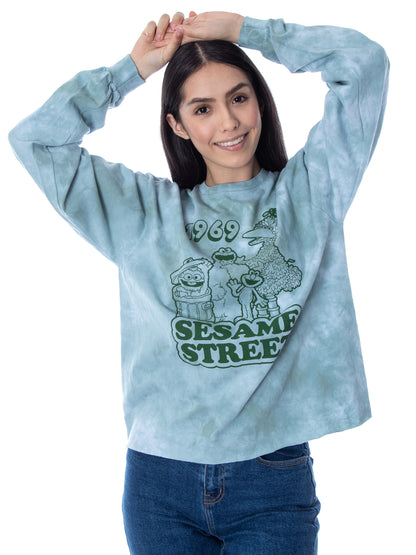 Sesame Street Women's 1969 Character Group Tie-Dye Raw Edge Skimmer T-Shirt
