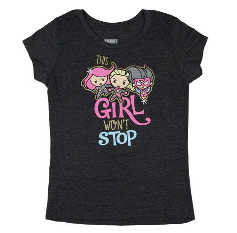 Marvel Girls' This Girl Won't Stop Chibi Superheroes Glitter T-Shirt (XS, 4)