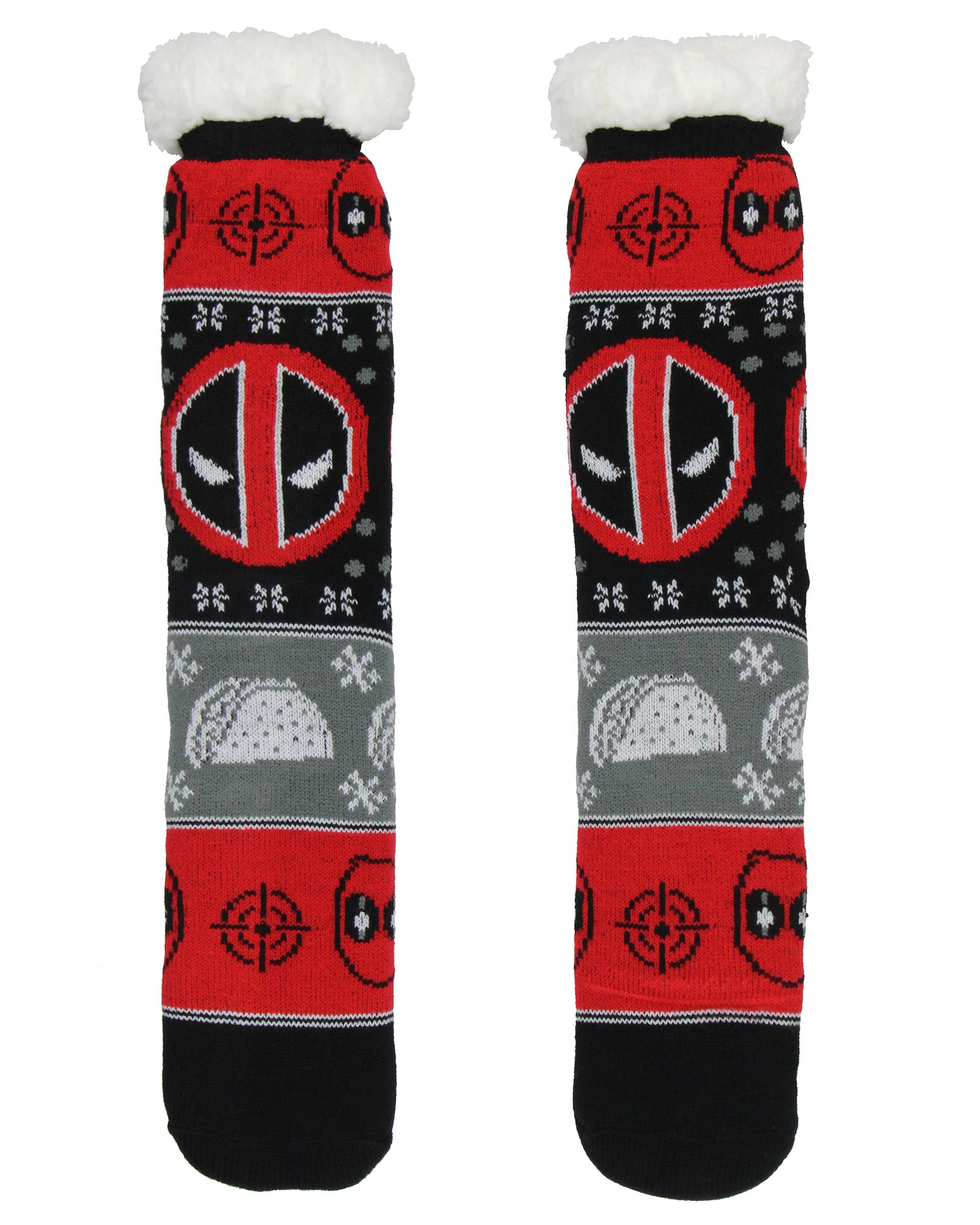 Marvel Comics Deadpool Men's Ugly Sweater for Christmas pattern Knit Fuzzy Slipper Socks