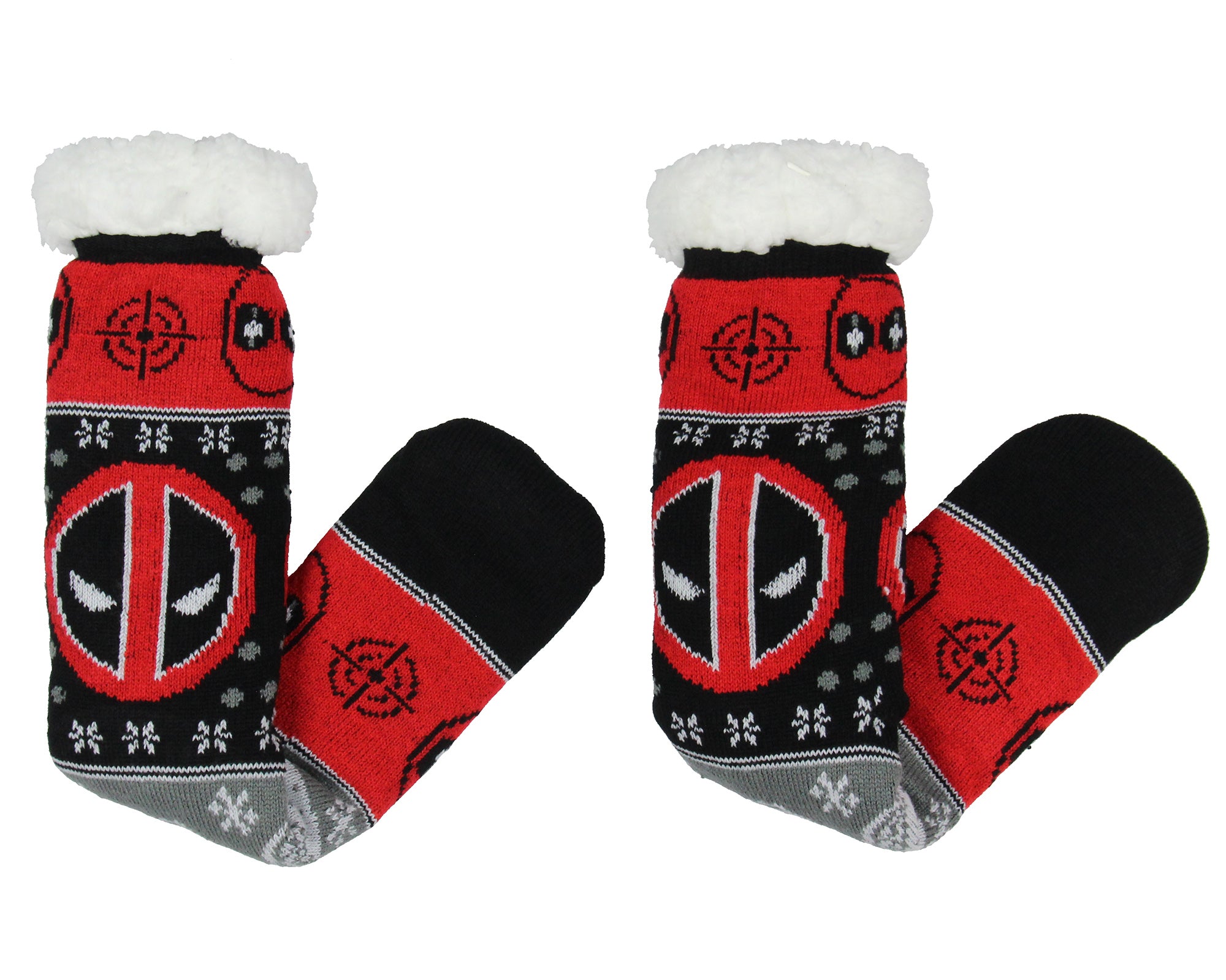 Marvel Comics Deadpool Men's Ugly Sweater for Christmas pattern Knit Fuzzy Slipper Socks