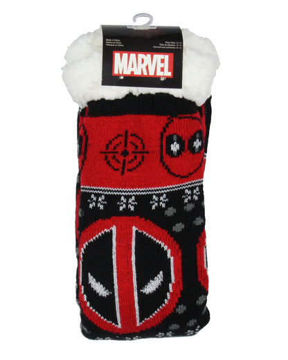 Marvel Comics Deadpool Men's Ugly Sweater for Christmas pattern Knit Fuzzy Slipper Socks