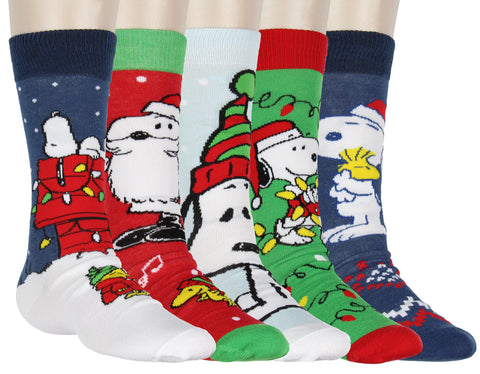 Peanuts Snoopy Men's Holiday Inspired Designs 5 Pack Crew Socks Shoe Size 6-12