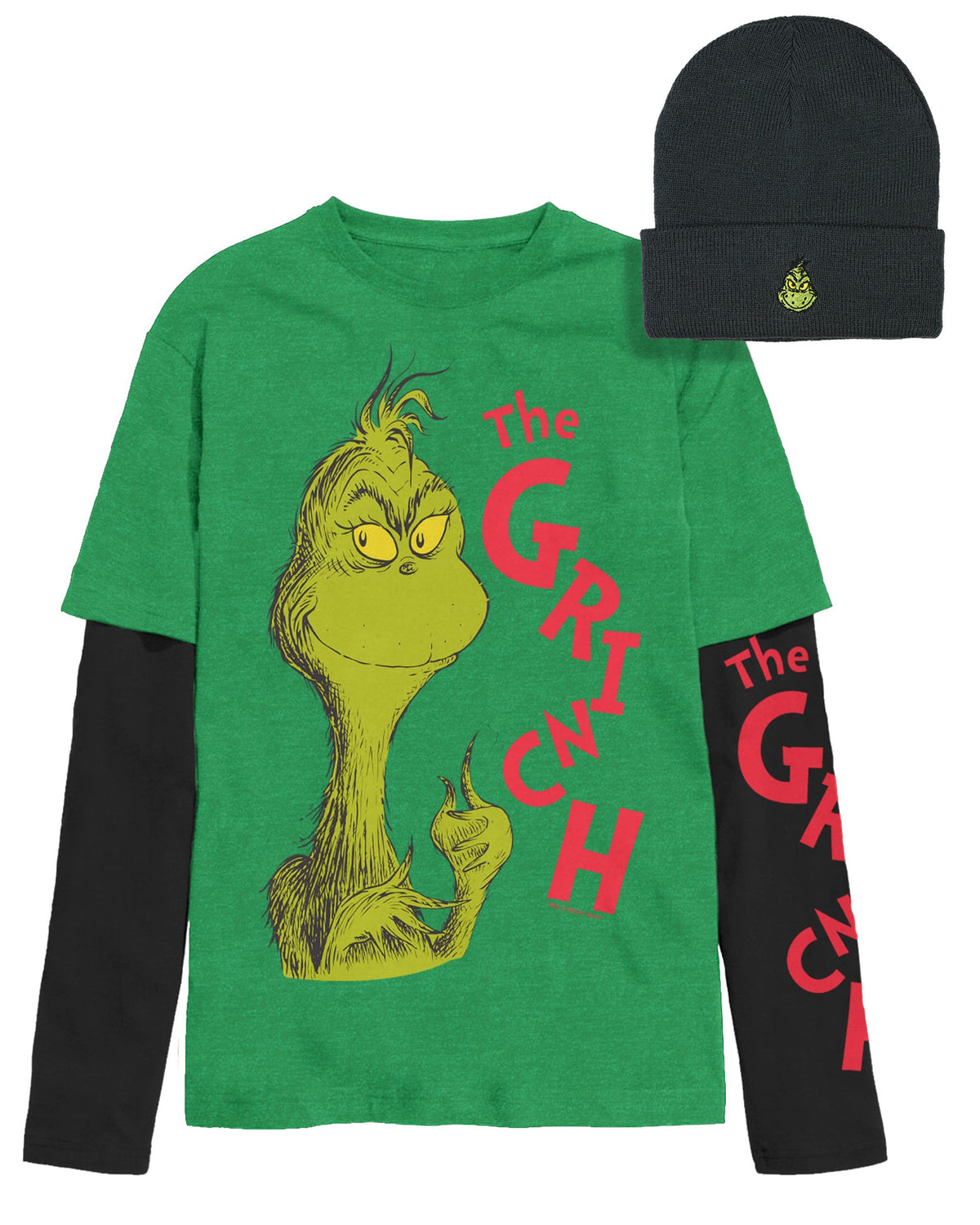 Dr. Seuss The Grinch Men's Faux Long Sleeve Shirt And Embroidered Beanie Set