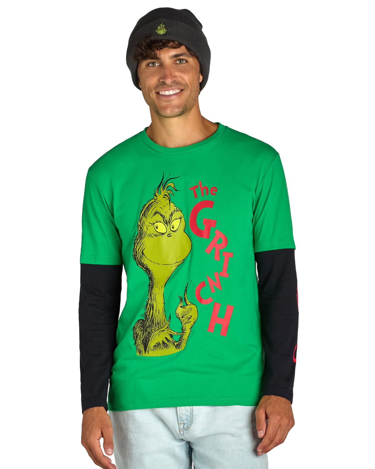 Dr. Seuss The Grinch Men's Faux Long Sleeve Shirt And Embroidered Beanie Set
