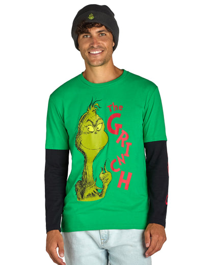Dr. Seuss The Grinch Men's Faux Long Sleeve Shirt And Embroidered Beanie Set