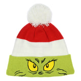 Dr. Seuss GRINCH Embroidered Face Color Block Pom Fold Cuff Knit Beanie