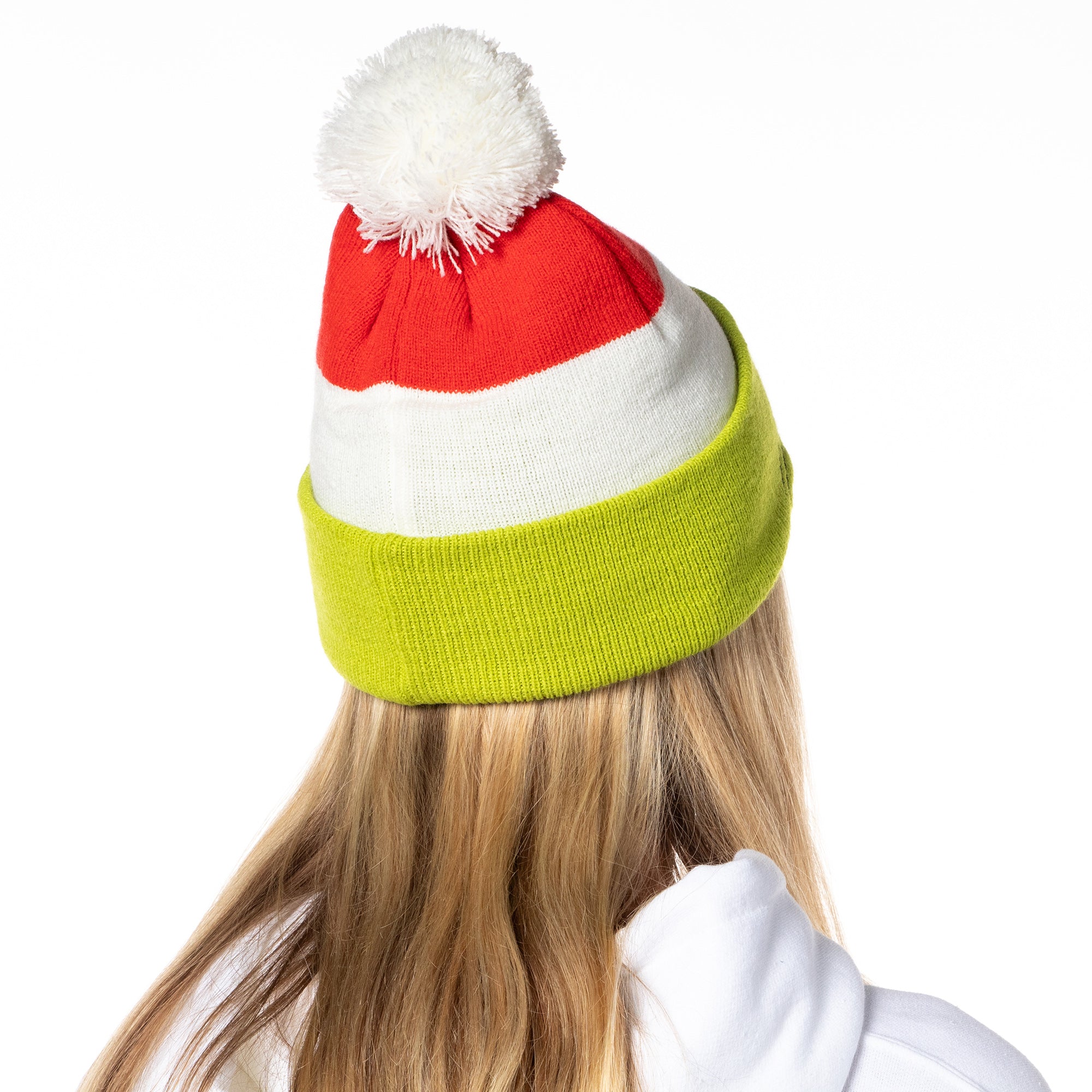 Dr. Seuss GRINCH Embroidered Face Color Block Pom Fold Cuff Knit Beanie