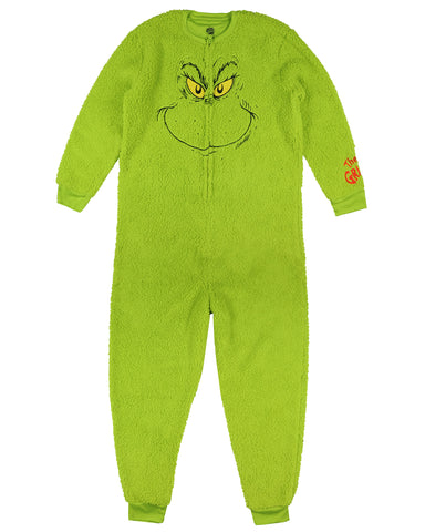 The Grinch Union Suit Adult Embroidered Face Plush Full-Zip Pajama Costume