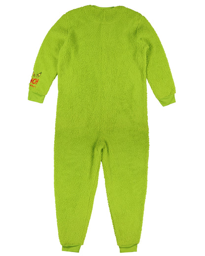 The Grinch Union Suit Adult Embroidered Face Plush Full-Zip Pajama Costume