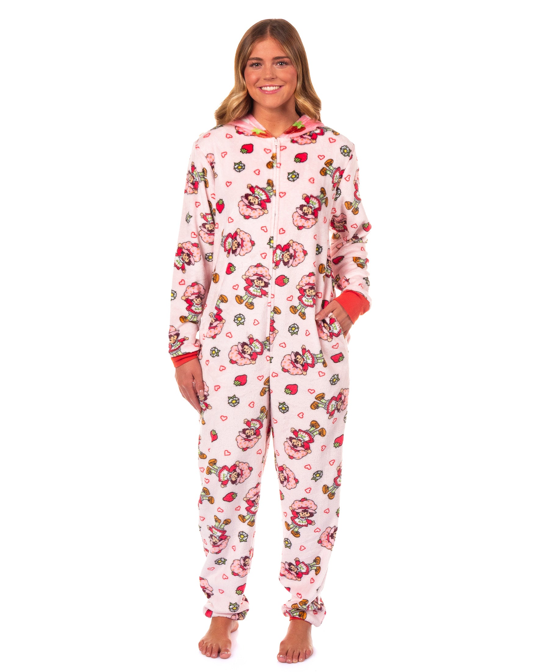 Strawberry Shortcake Union Suit Women's Fleece One Piece Hooded Pajama