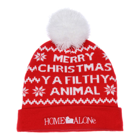 Home Alone Merry Christmas Ya Filthy Animal Fold Cuff Pom Knit Beanie