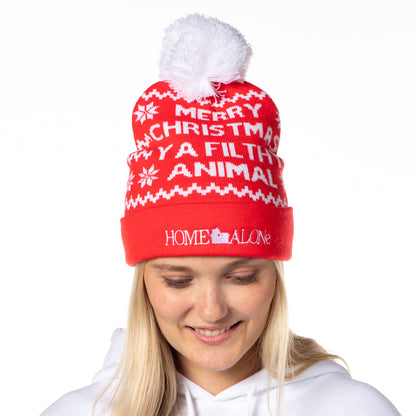 Home Alone Merry Christmas Fold Cuff Pom Knit Beanie
