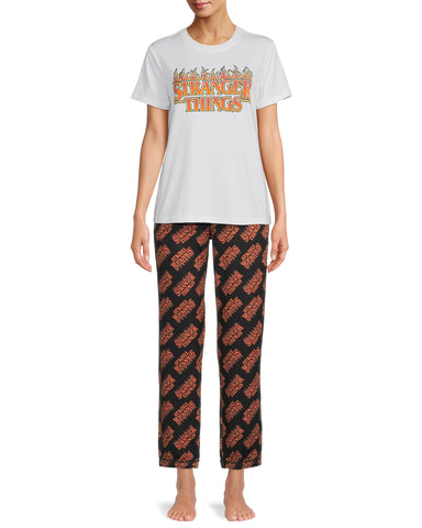 Women's Stranger Things Pajamas Set Flame Logo Shirt And Sleep Pants