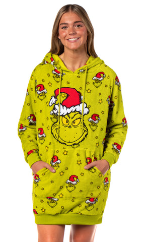 Dr. Seuss The Grinch Women's Hooded Plush Fleece Pajama Dorm Sleep Shirt