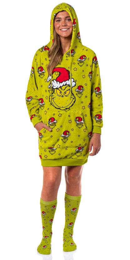 Dr. Seuss The Grinch Women's Hooded Plush Fleece Pajama Dorm Sleep Shirt