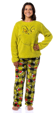 Dr. Seuss Women's The Grinch Santa Fleece Buffalo Plaid Sleep Pajama 2PC Set