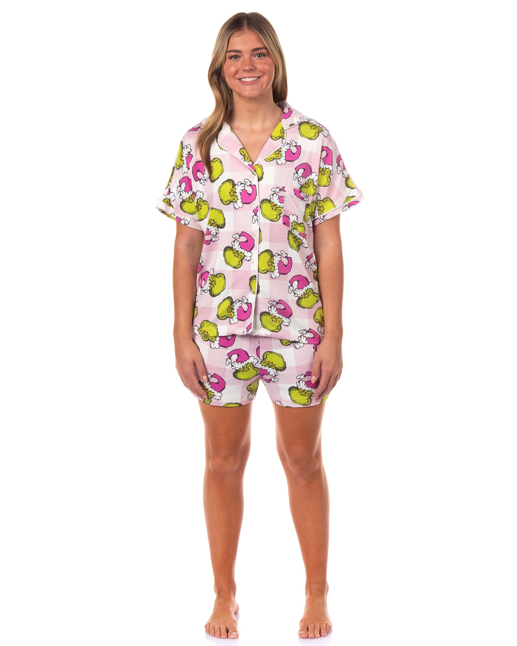 Dr. Seuss The Grinch Santa Pink Plaid Notch Collar Short 2-Piece Sleep Set