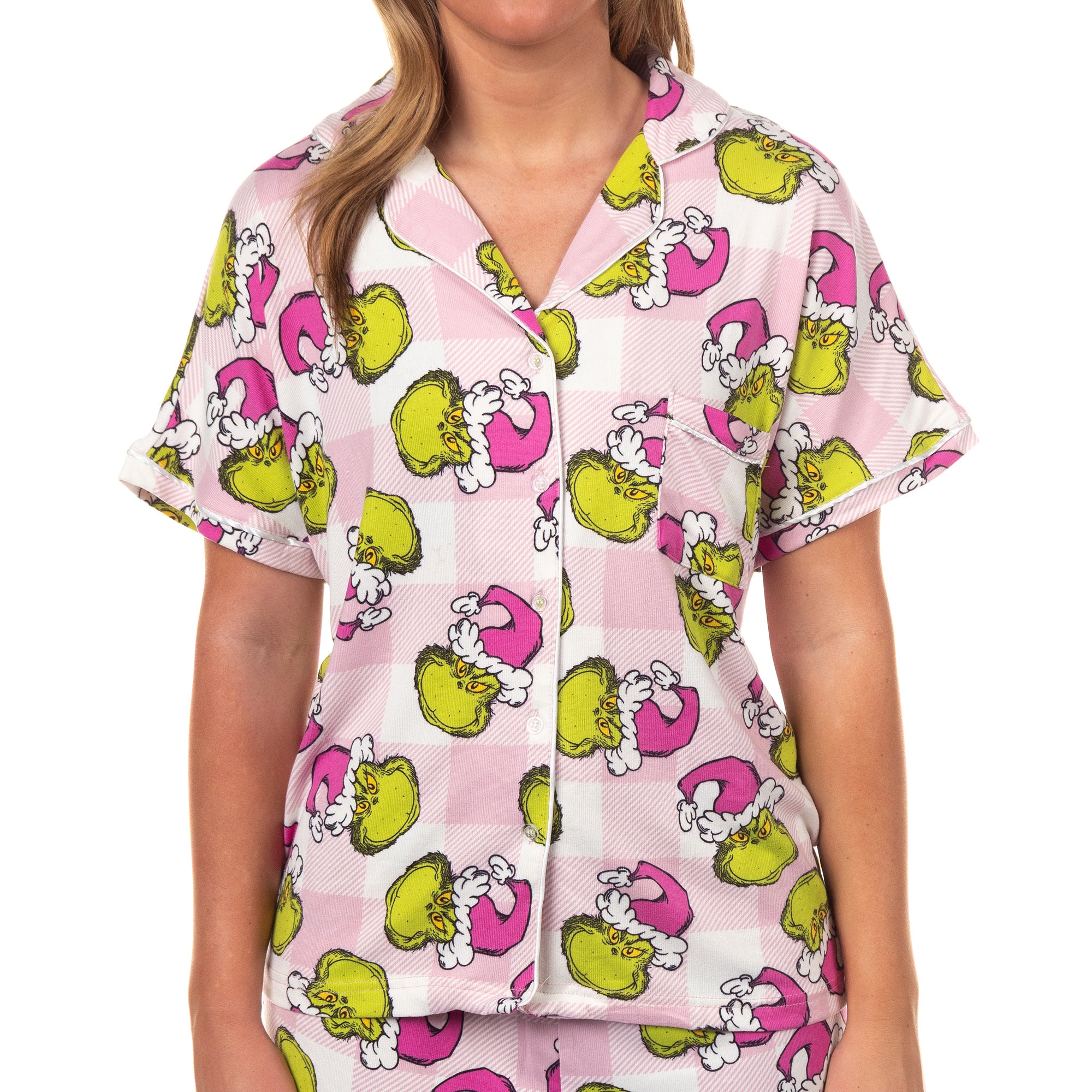 Dr. Seuss The Grinch Santa Pink Plaid Notch Collar Short 2-Piece Sleep Set