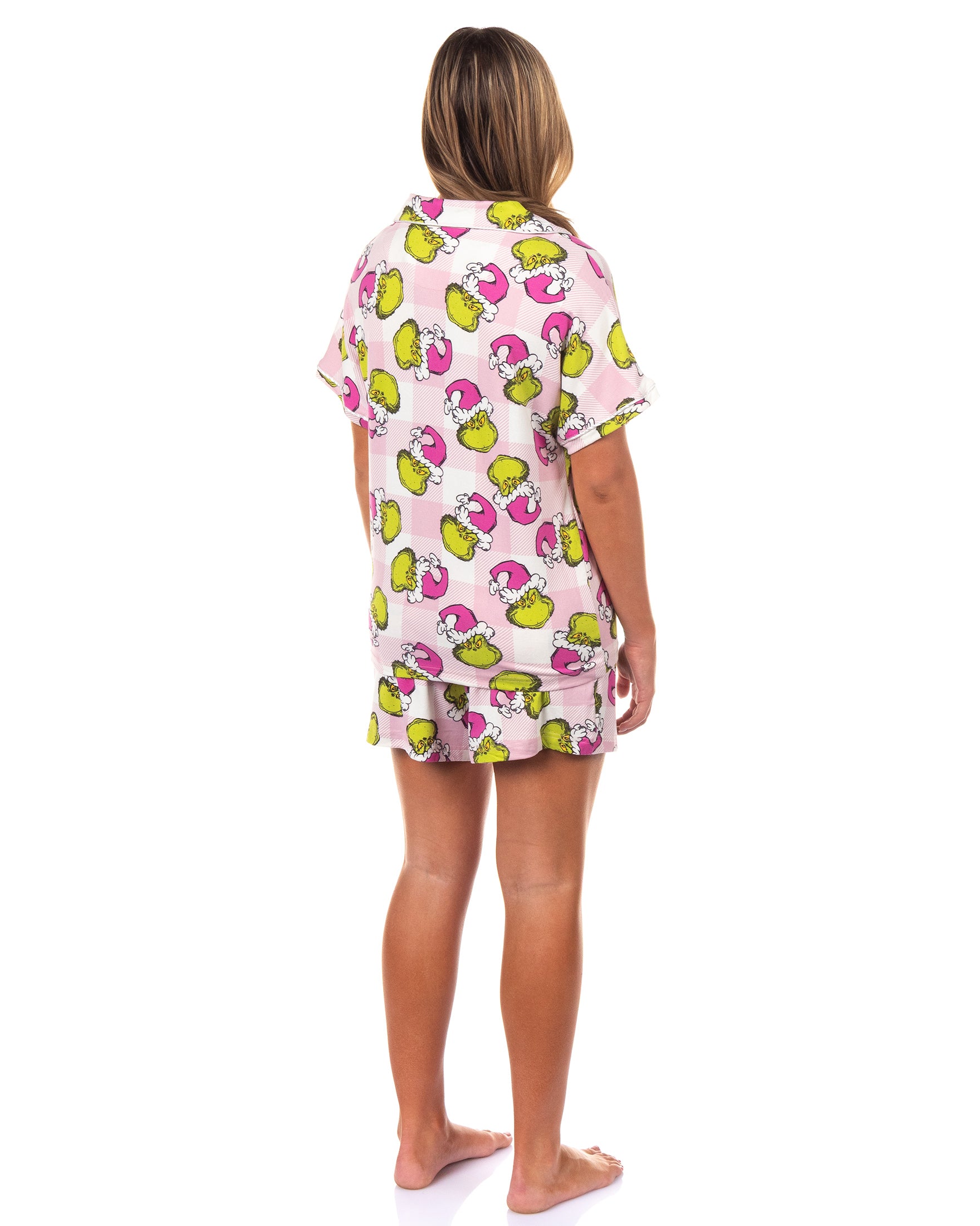Dr. Seuss The Grinch Santa Pink Plaid Notch Collar Short 2-Piece Sleep Set