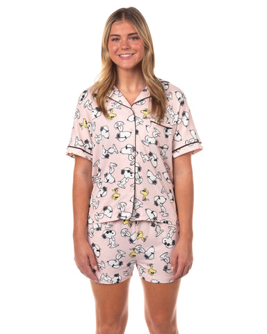 Peanuts Snoopy Pajamas Women's Sunglass Style Notch Collar Sleep Set