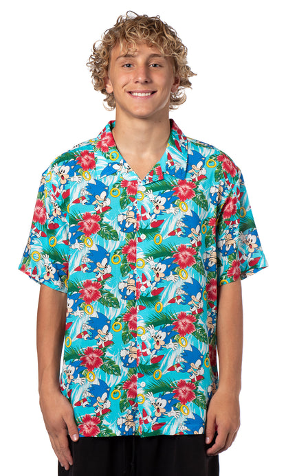 Sonic the Hedgehog Men's Hawaiian Floral Character Button-Up Woven Shirt