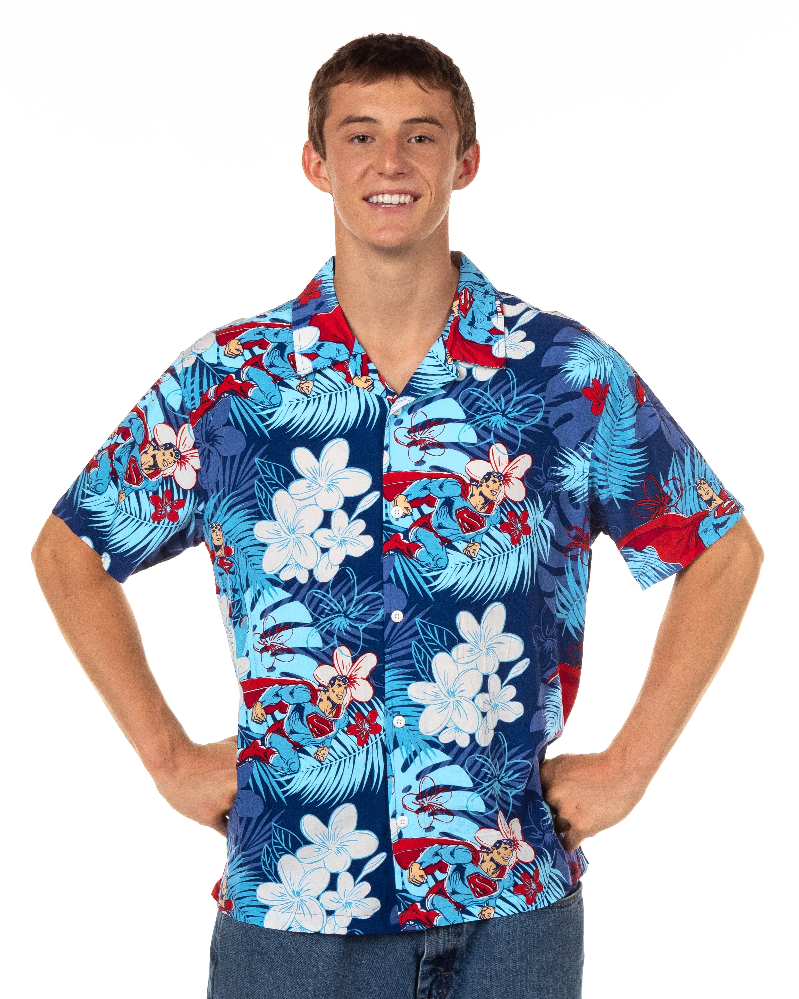 DC Comics Superman Shirt Tropical Floral Hawaiian Men's Button Up Woven Top