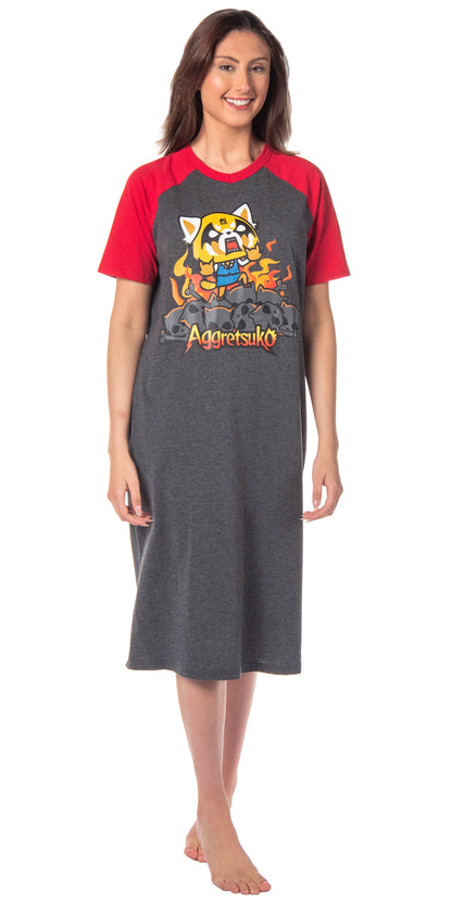 Aggretsuko Womens' Raging on Skulls Pajama Sleep Shirt Raglan Nightgown - Seven Times Six