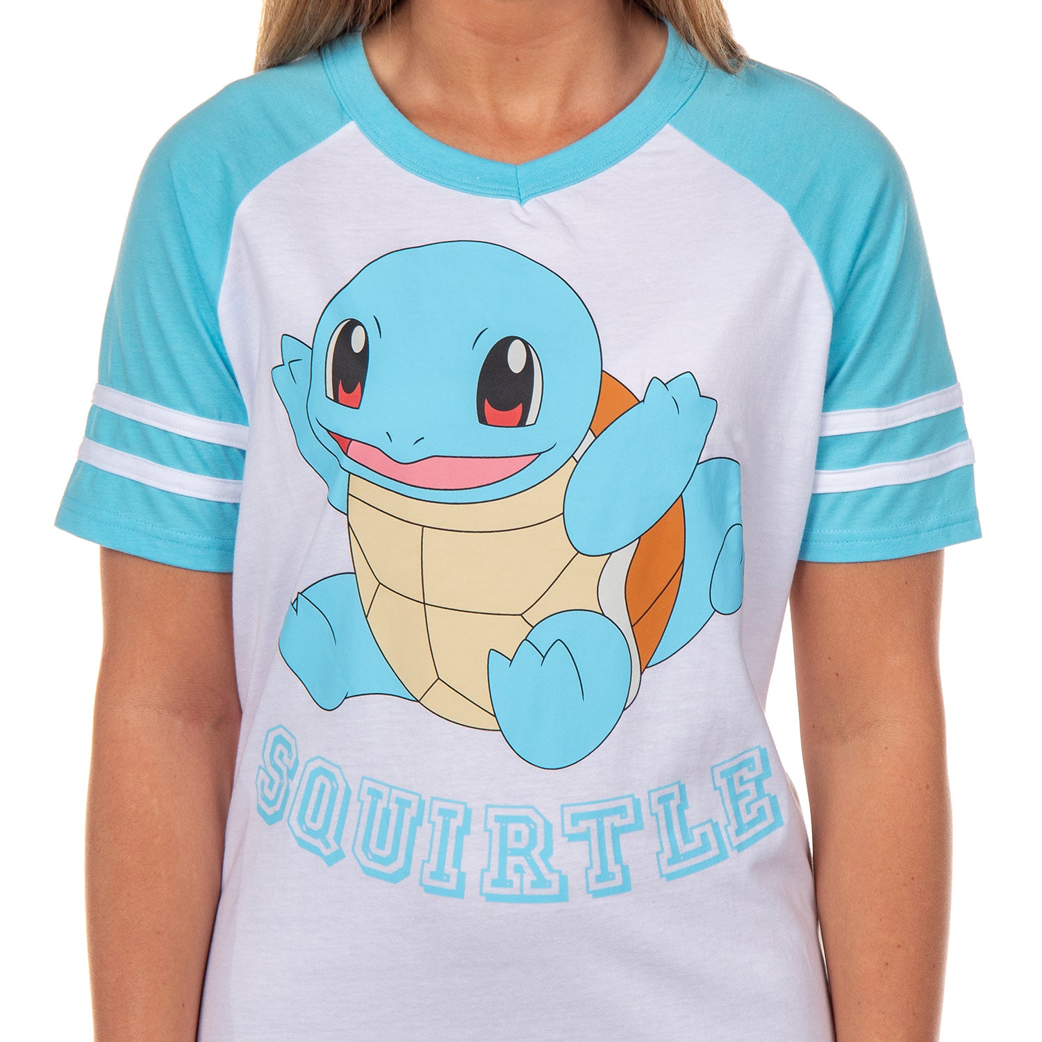 Pokemon Pajama Women's Squirtle Varsity Raglan Sleep Shirt V-Neck Nightgown (L)