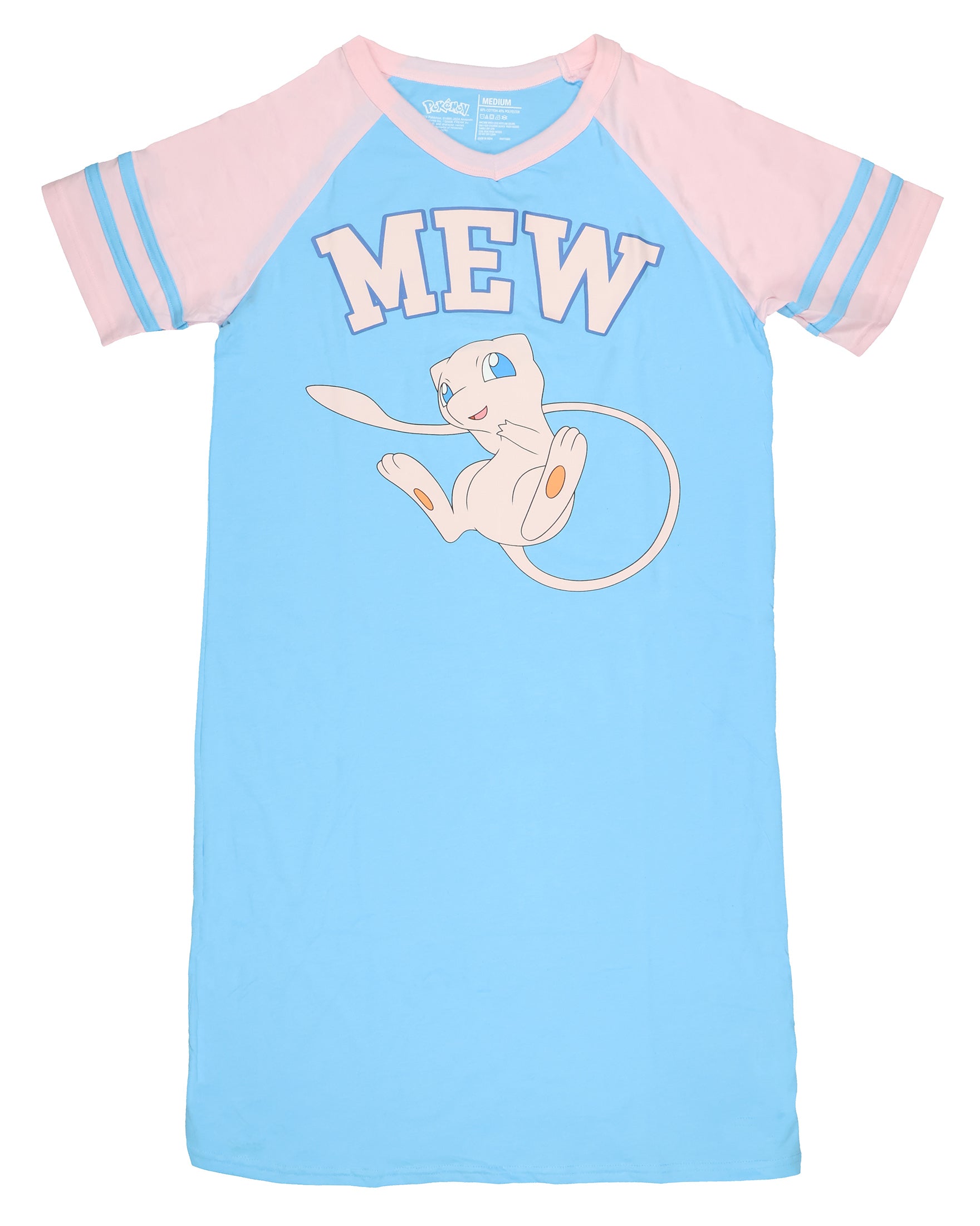 Pokemon Pajama Women's Mew Varsity Raglan Sleep Shirt V-Neck Nightgown (S)