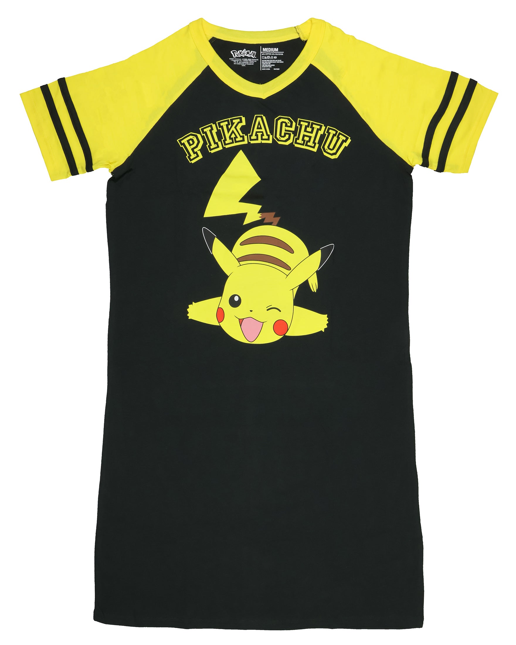 Pokemon Pajama Women's Pikachu Varsity Raglan Sleep Shirt V-Neck Nightgown (M)