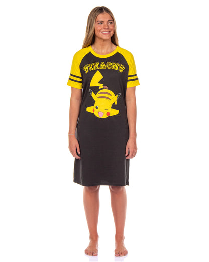 Pokemon Pajama Women's Pikachu Varsity Raglan Sleep Shirt V-Neck Nightgown (M)