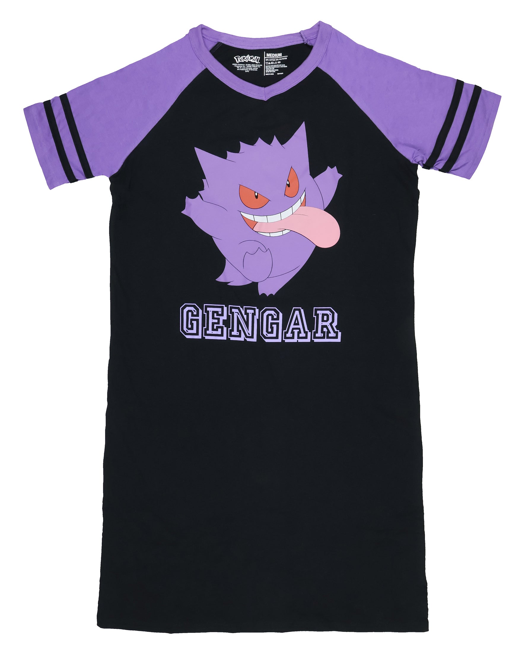Pokemon Pajama Women's Gengar Varsity Raglan Sleep Shirt V-Neck Nightgown (L)